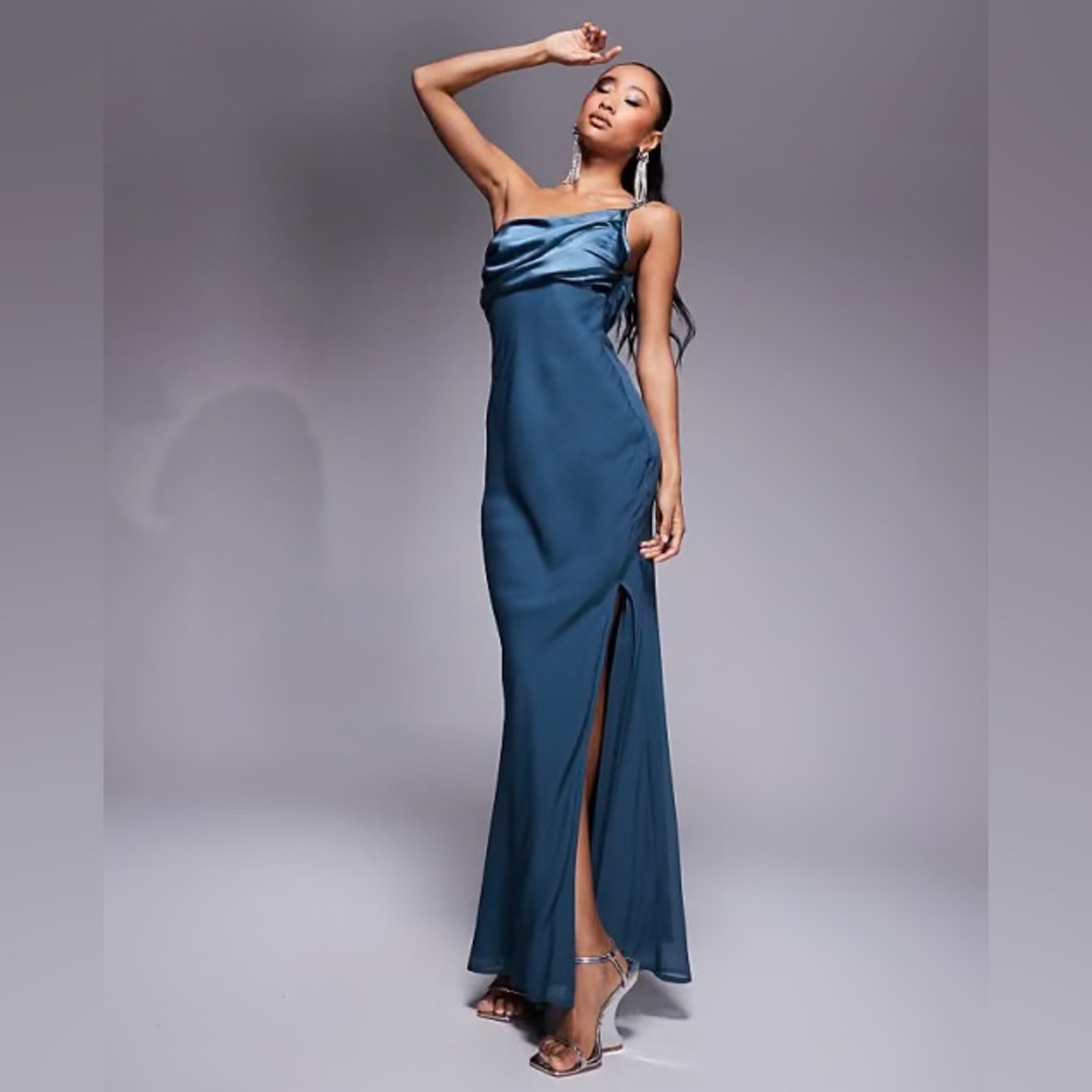 ASOS Design Elegant One-Shoulder Gray Teal Dress, full length, 4 Small